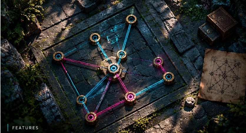 Top-down puzzle board with colored connections