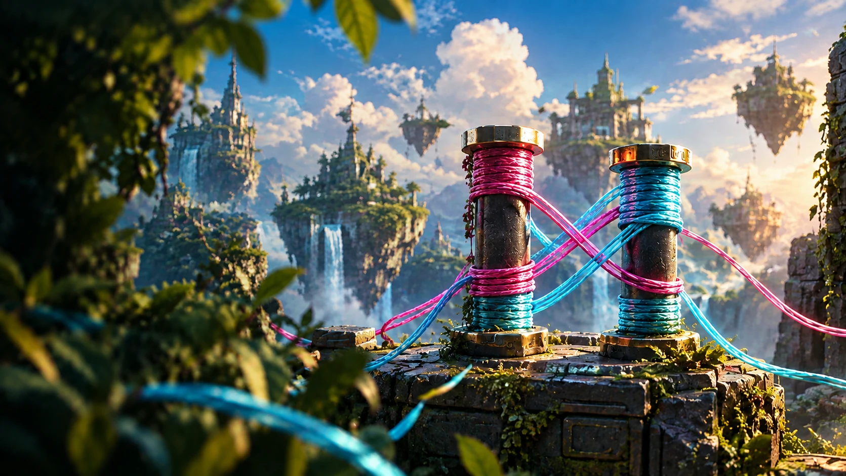 Thread Puzzle fantasy environment with colored threads crossing between stone posts